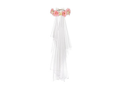 Blumenkranz mit Schleier – Brautkranz in Rosa & Creme | Ø 17 cm | JGA, Bridal Shower, Hochzeit | Haarreifen‑Kranz mit weißem Schleier
