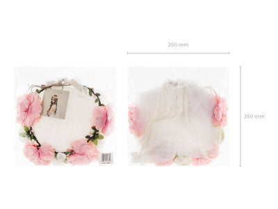 Blumenkranz mit Schleier – Brautkranz in Rosa & Creme | Ø 17 cm | JGA, Bridal Shower, Hochzeit | Haarreifen‑Kranz mit weißem Schleier