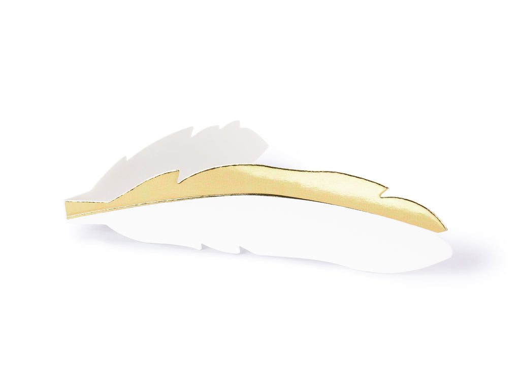 Tischkarten „Feder“ – 10er Set | Weißes Papier mit goldfarbenem Rand | 10,5 × 3 cm (gefaltet) | Hochzeit, Gala & Festtafel