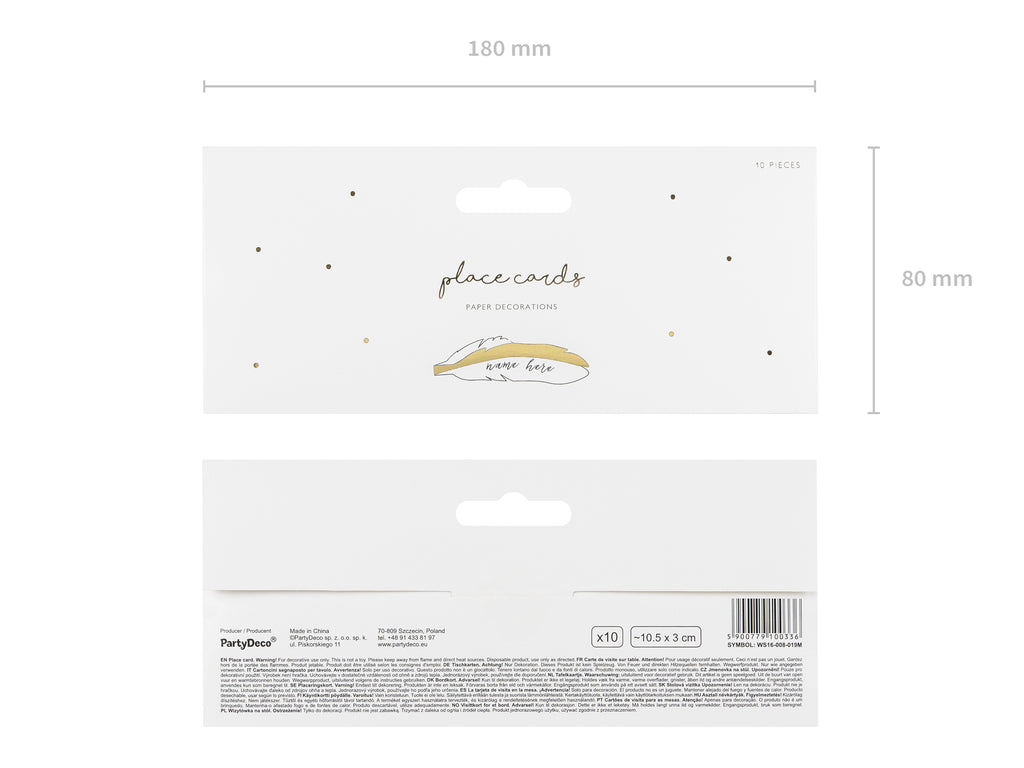 Tischkarten „Feder“ – 10er Set | Weißes Papier mit goldfarbenem Rand | 10,5 × 3 cm (gefaltet) | Hochzeit, Gala & Festtafel