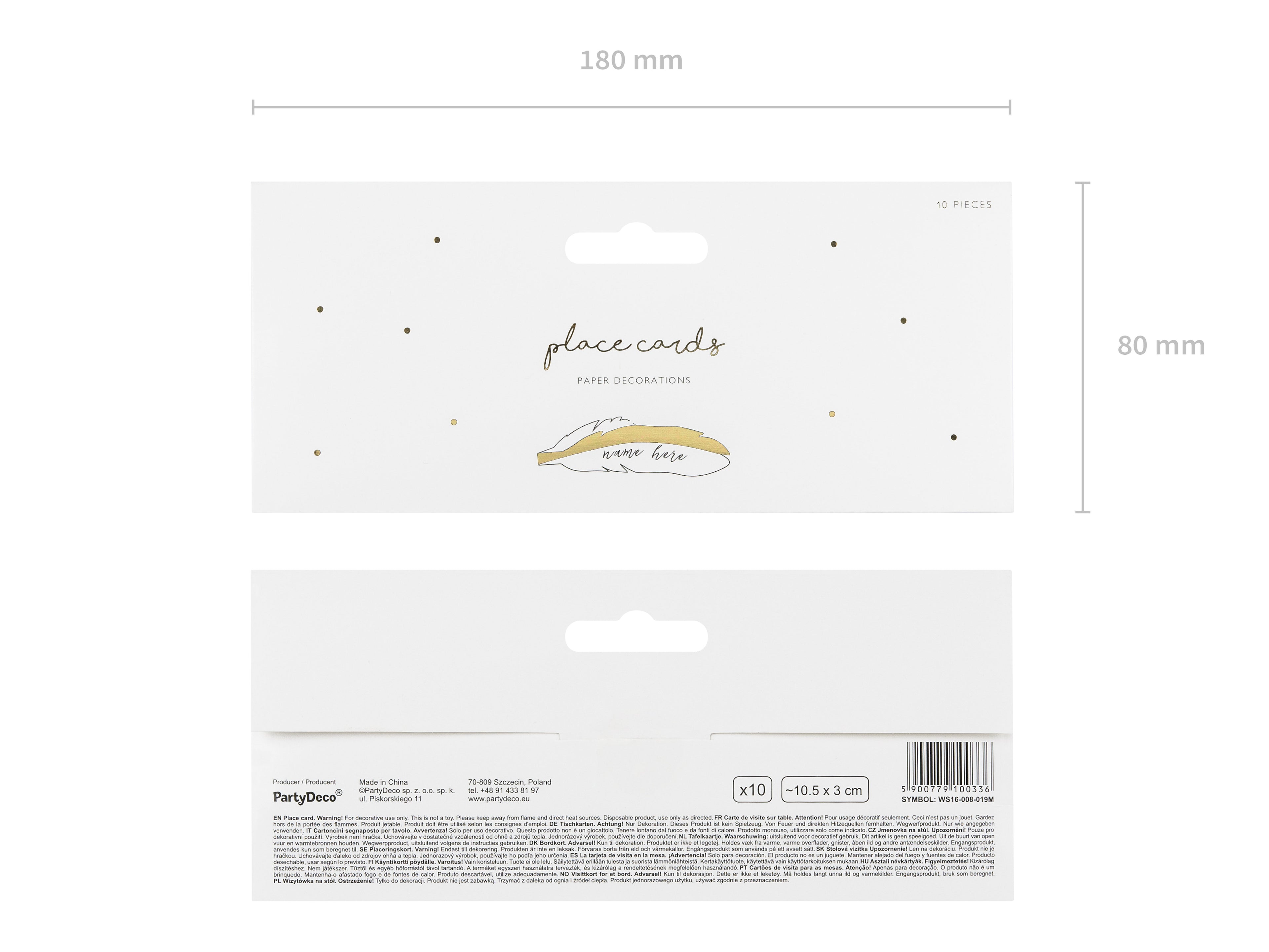 Tischkarten „Feder“ – 10er Set | Weißes Papier mit goldfarbenem Rand | 10,5 × 3 cm (gefaltet) | Hochzeit, Gala & Festtafel
