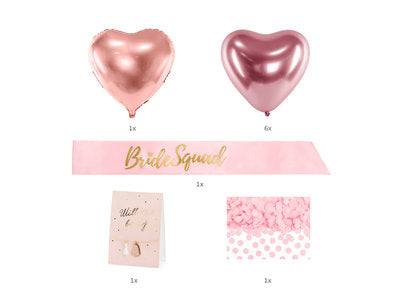 Brautjungfern‑Accessoire‑Set – 10‑teilig | Schärpe, Armband‑Karte, Folienballon, Roségold‑Ballons & Konfetti | JGA Bridal Shower Deko