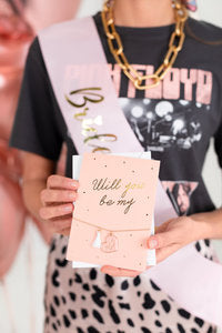 Brautjungfern‑Accessoire‑Set – 10‑teilig | Schärpe, Armband‑Karte, Folienballon, Roségold‑Ballons & Konfetti | JGA Bridal Shower Deko