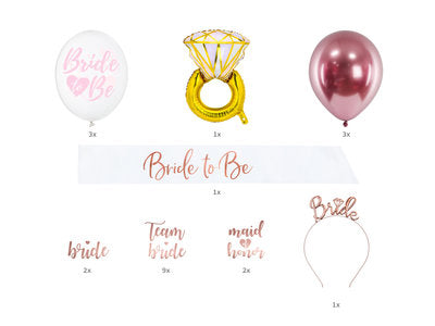 Braut‑Accessoires‑Set – 23‑teilig | Schärpe, Haarband, Folienballon, Tattoos, Papierstrohhalm & Roségold‑Ballons | JGA  Bridal Shower Deko