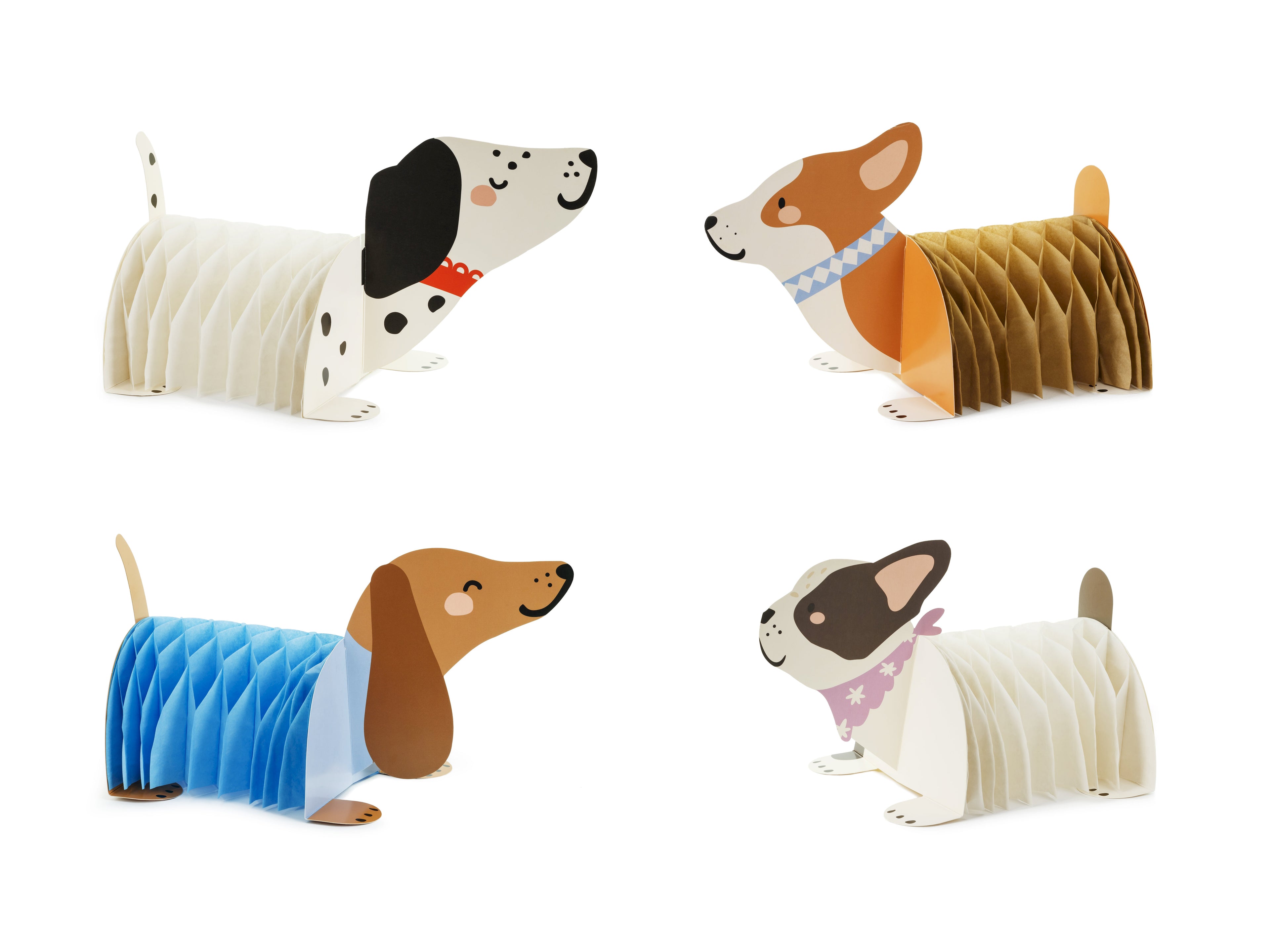 Waben‑Papierdekoration „Hunde“ – 4er Set | Selbstaufbau | Länge 30–34 cm, Höhe 16–18 cm | Party‑ & Kinderzimmer Deko