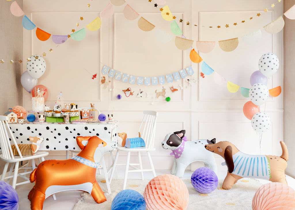 Waben‑Papierdekoration „Hunde“ – 4er Set | Selbstaufbau | Länge 30–34 cm, Höhe 16–18 cm | Party‑ & Kinderzimmer Deko