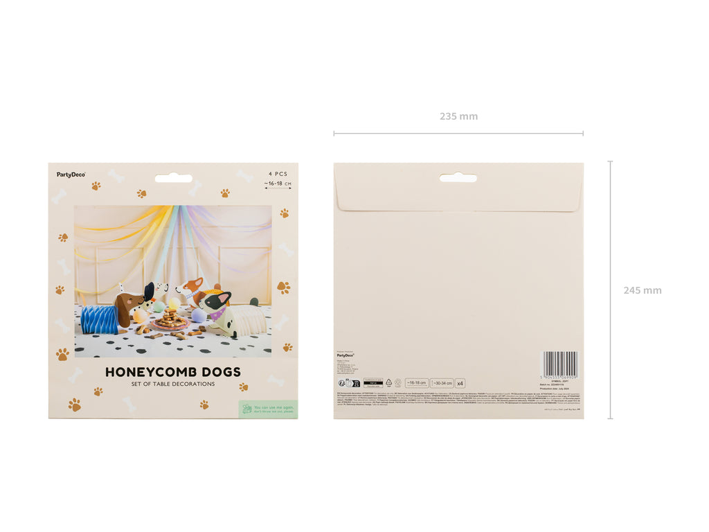 Waben‑Papierdekoration „Hunde“ – 4er Set | Selbstaufbau | Länge 30–34 cm, Höhe 16–18 cm | Party‑ & Kinderzimmer Deko
