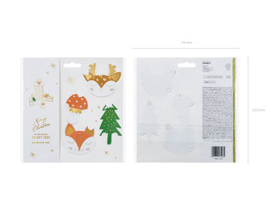 Geschenkanhänger „Wald“ – 12‑teiliges Set | Natur‑ und Tiermotive | Papier‑Tags mit 2,5 m goldener Schnur | 4 Designs | 4,5–7,5 × 6–8,5 cm
