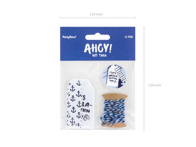 Geschenkanhänger „Ahoy“ – maritimes Set | 12 Tags in gemischten Mustern + 2 m Schnur | Geschenkverpackung,Party,Kindergeburtstag