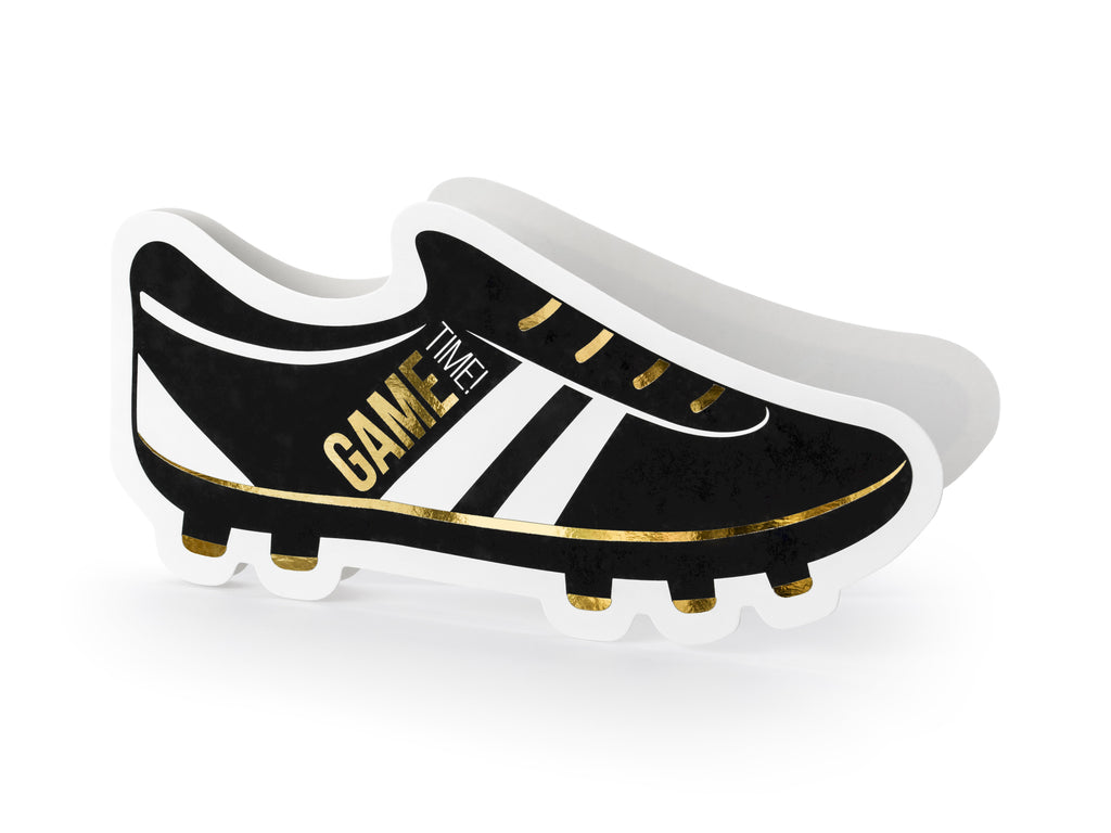 Fußball‑Einladungen „Game Time“ – 6er Set | Karten im Fußballschuh‑Design inkl. Umschlägen | 19 × 9 cm | Schwarz & Metallic‑Gold
