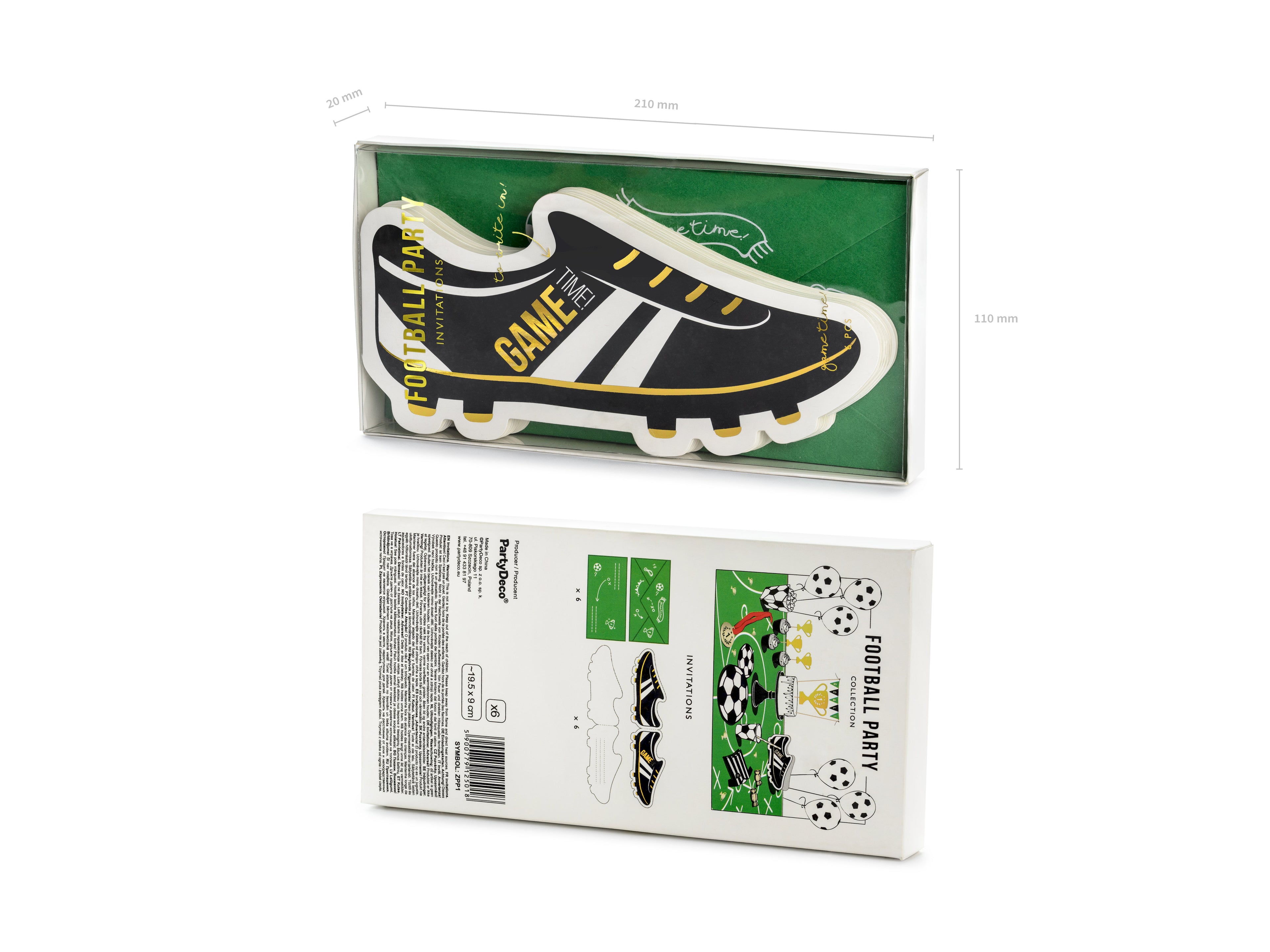 Fußball‑Einladungen „Game Time“ – 6er Set | Karten im Fußballschuh‑Design inkl. Umschlägen | 19 × 9 cm | Schwarz & Metallic‑Gold