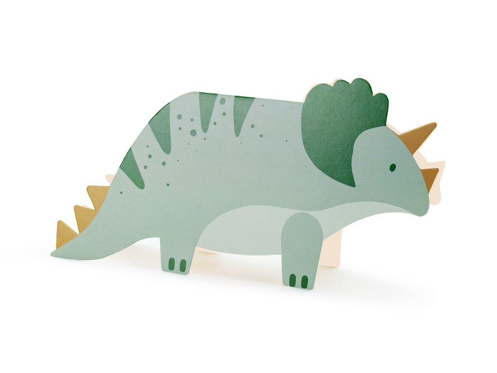 Einladungen „Triceratops“ – 6er Set | Grüne Dino‑Einladungen in Form eines Triceratops inkl. Umschlägen | 18,5 × 9,4 cm