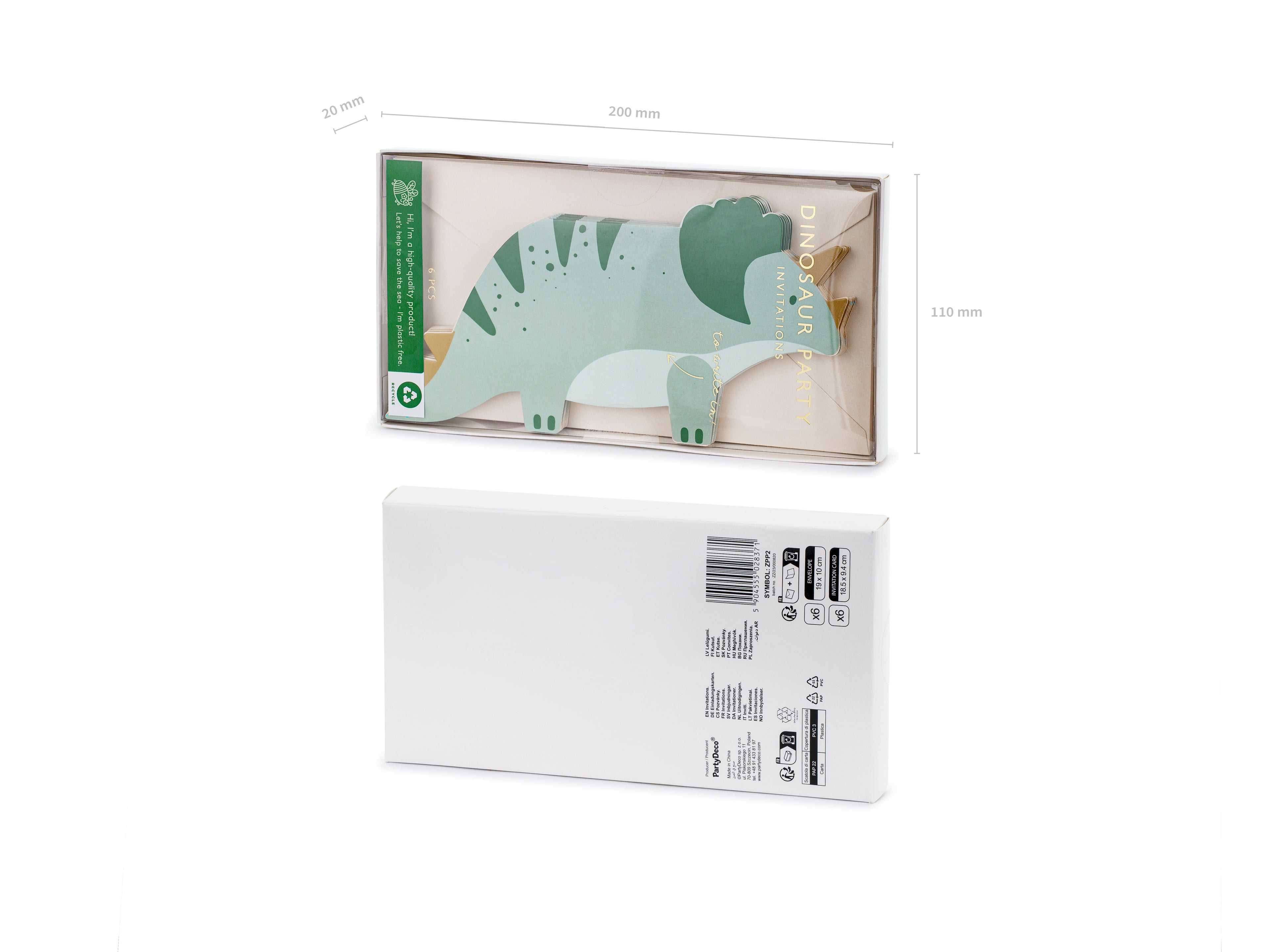 Einladungen „Triceratops“ – 6er Set | Grüne Dino‑Einladungen in Form eines Triceratops inkl. Umschlägen | 18,5 × 9,4 cm