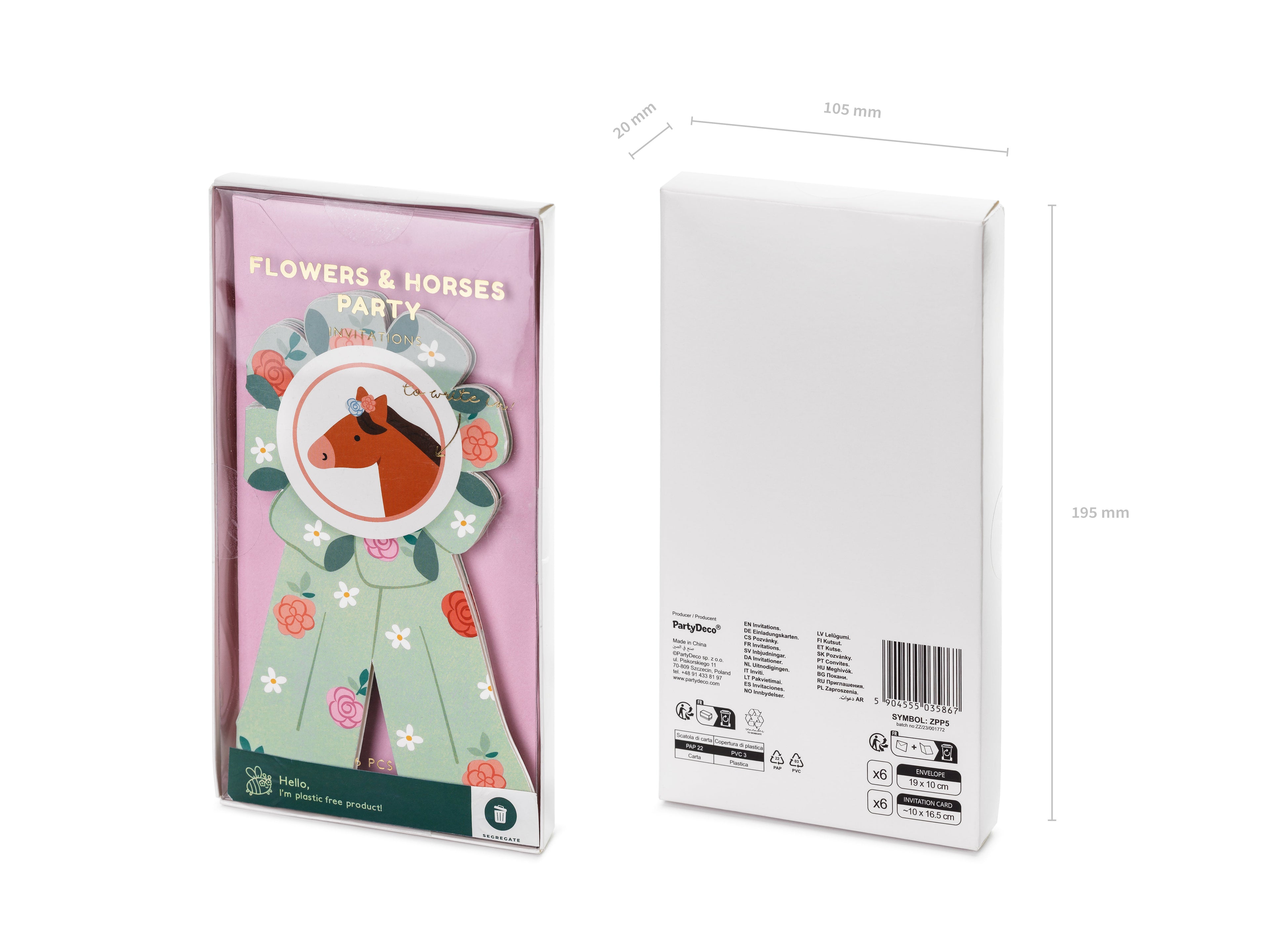 Pferde‑Einladungskarten – Cotillion‑Form, 16,5 × 19,5 cm | 6 Karten inkl. Umschlägen | Kindergeburtstag & Reit‑Mottoparty