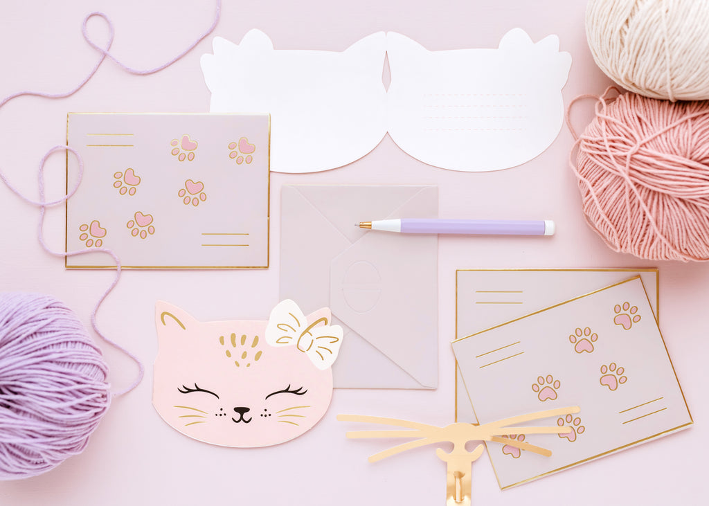 Katzen‑Einladungen – 6er Set | Rosa Karten in Katzenform inkl. Umschlägen | 13 × 10 cm | Kindergeburtstag & Party