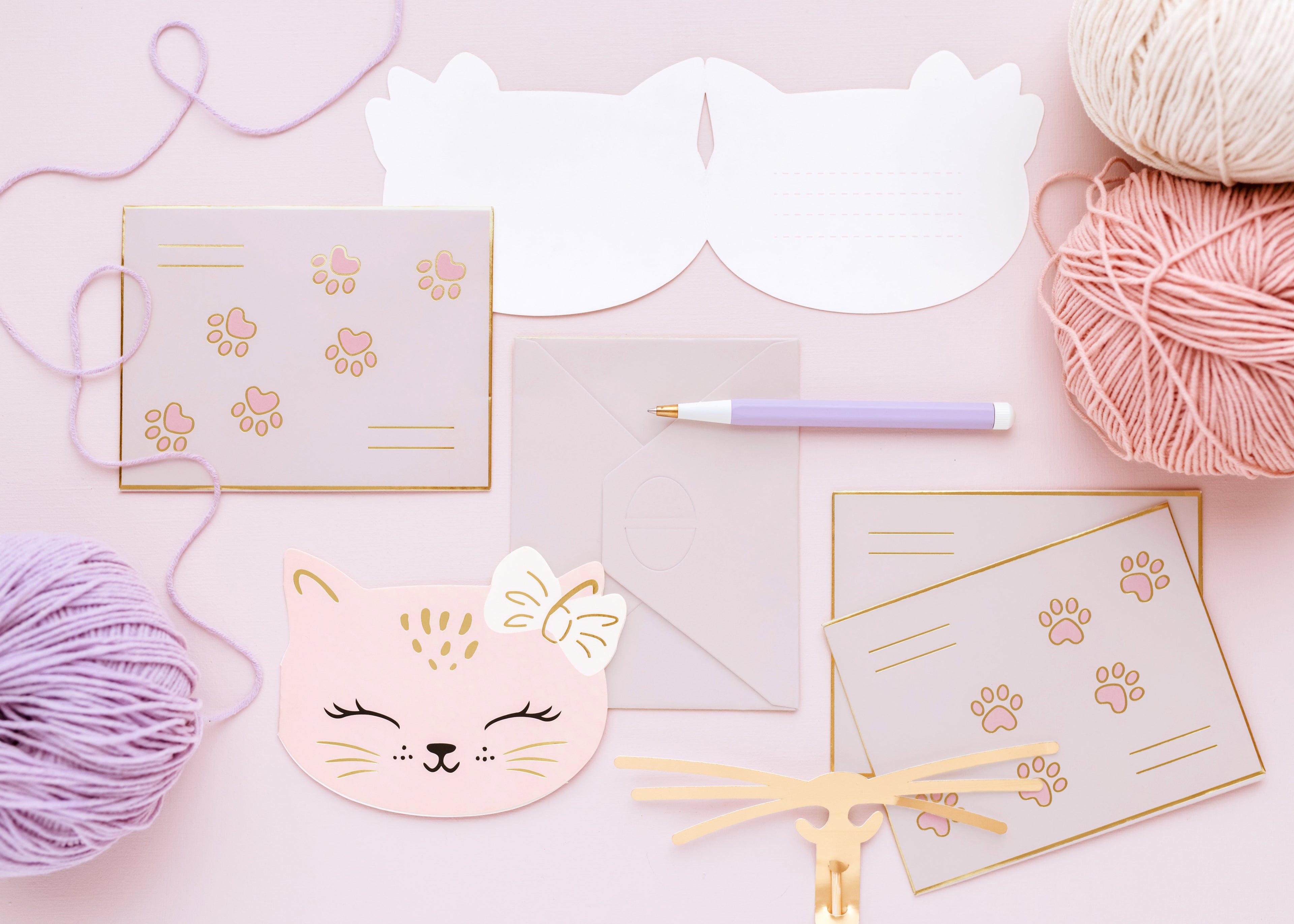 Katzen‑Einladungen – 6er Set | Rosa Karten in Katzenform inkl. Umschlägen | 13 × 10 cm | Kindergeburtstag & Party