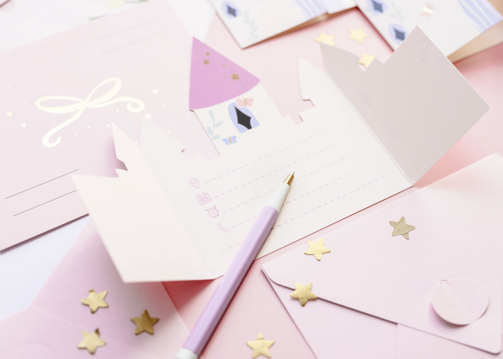 Einladungen Schloss‑Motiv – 6 Karten zum Ausfüllen inkl. Umschlägen | 12,5 × 15,5 cm | Prinzessinnen‑ & Kindergeburtstag