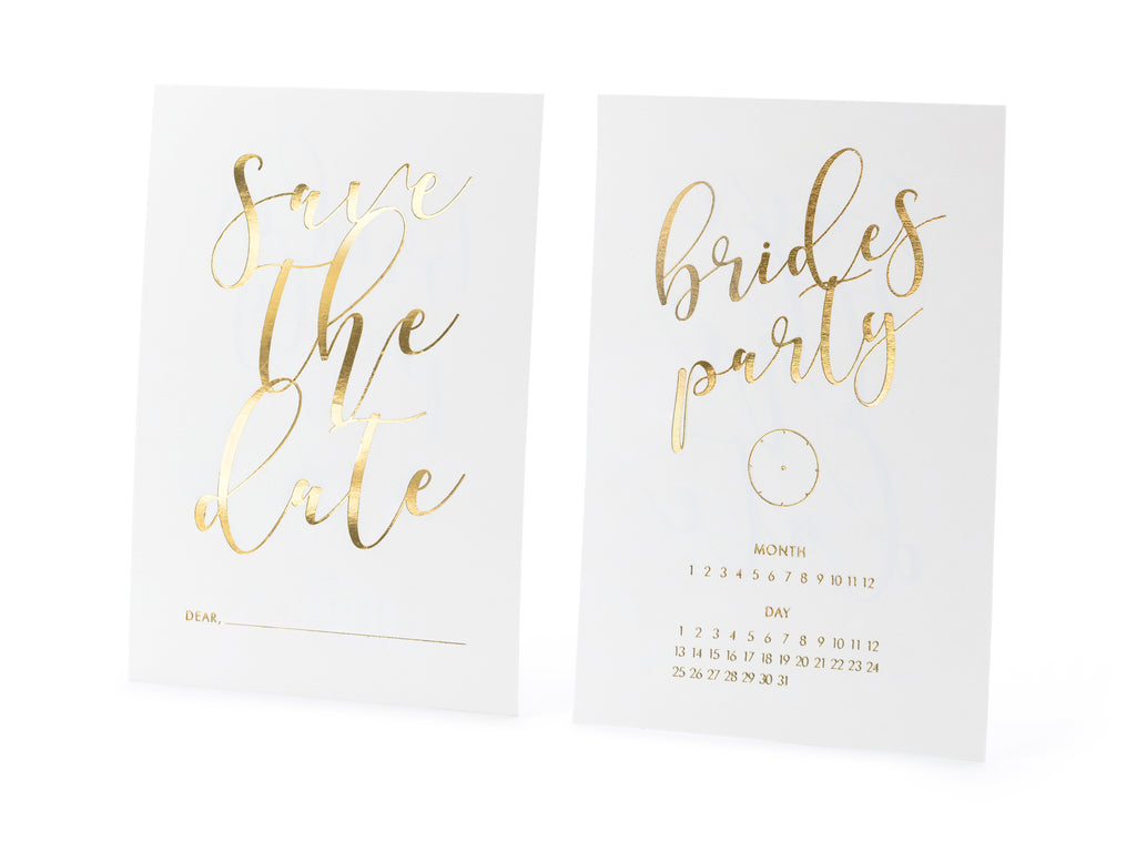Save‑the‑Date Einladungen JGA – Weiß mit goldener Metallic‑Prägung | 10 Karten inkl. Umschlägen