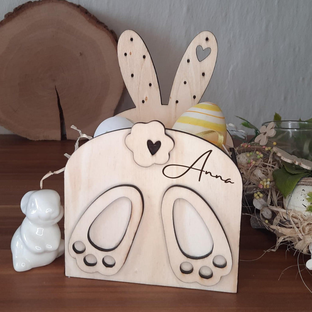 Personalisiertes Osterkörbchen aus Holz mit Namen – Osterkorb Kinder – Eiersuche Korb – Ostergeschenk – nachhaltiger Osterkorb Holz