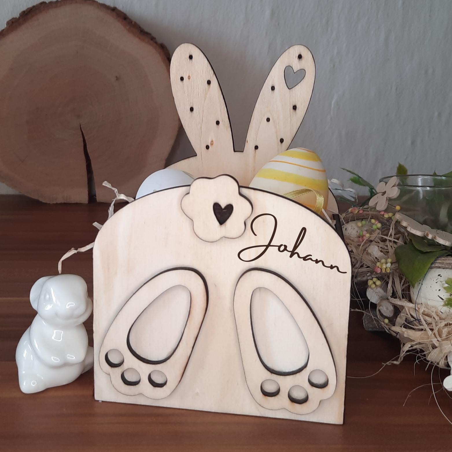 Personalisiertes Osterkörbchen aus Holz mit Namen – Osterkorb Kinder – Eiersuche Korb – Ostergeschenk – nachhaltiger Osterkorb Holz
