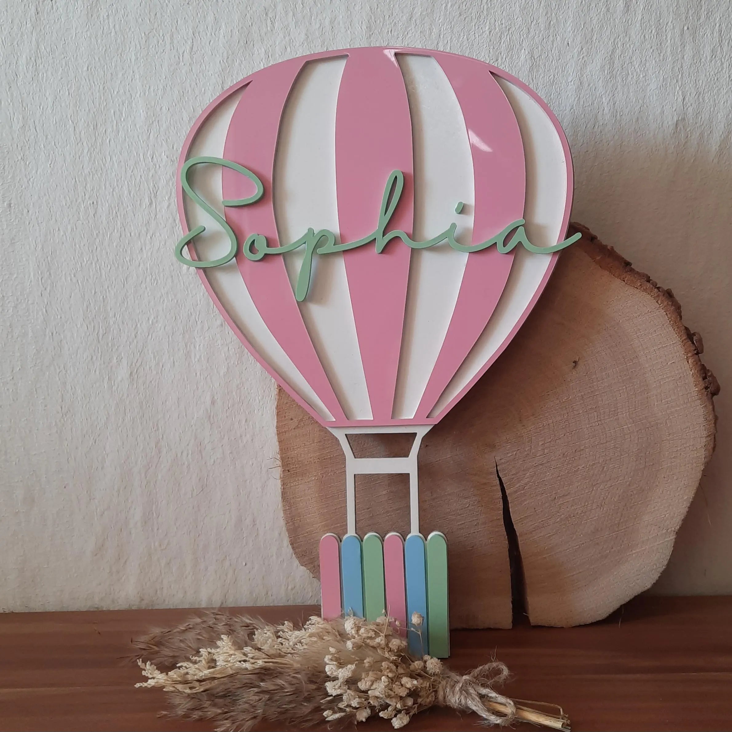 Personalisiertes Kinderzimmerschild Heißluftballon – Namensschild Babyzimmer – Wanddeko mit Namen – Geschenk zur Geburt oder Taufe