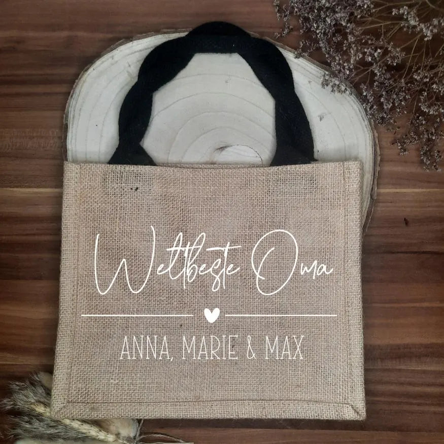 Personalisierte Jutetasche für Mama oder Oma – Geschenk mit Kindernamen – Weltbeste Mama/Oma – nachhaltige Einkaufstasche Natur