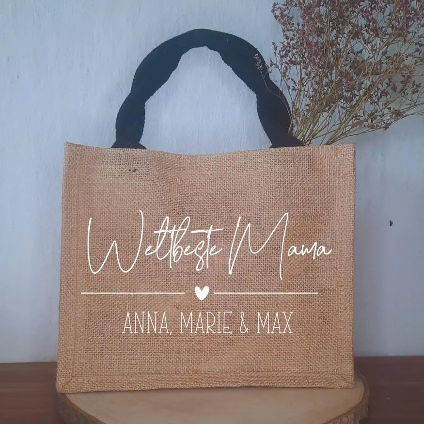 Personalisierte Jutetasche für Mama oder Oma – Geschenk mit Kindernamen – Weltbeste Mama/Oma – nachhaltige Einkaufstasche Natur