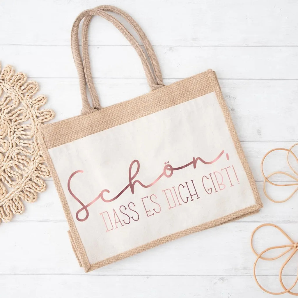 Jutetasche / Stofftasche mit Spruch „Schön, dass es dich gibt!“ – Geschenk für Freundin, Mutter, Kollegin – nachhaltige Einkaufstasche
