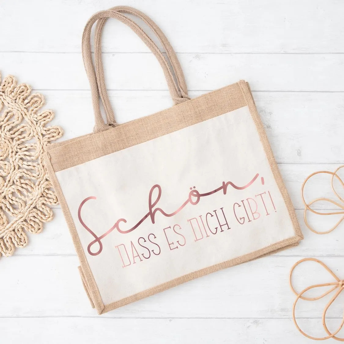 Jutetasche / Stofftasche mit Spruch „Schön, dass es dich gibt!“ – Geschenk für Freundin, Mutter, Kollegin – nachhaltige Einkaufstasche